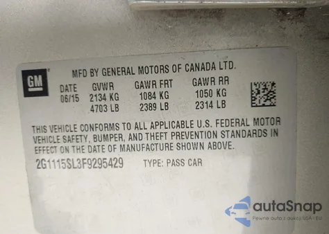 2015 Chevrolet Impala 1Lt z USA, uszkodzony, nr VIN 2G1115SL3F9295429